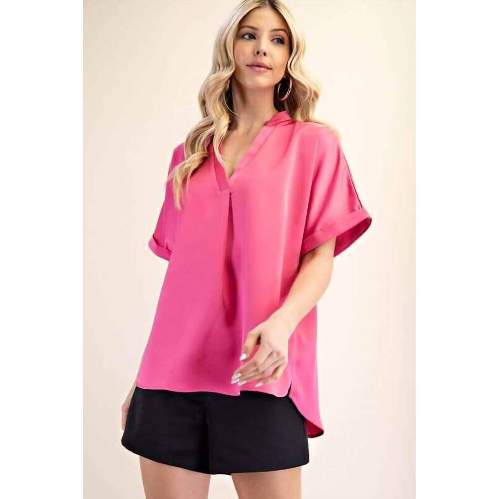 NEW GLAM brit placket cuff sleeve top in pink